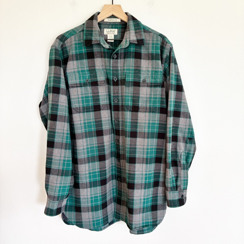 Vtg LL Bean Chamois Cloth Shirt Mens M-Tall Green Plaid Traditional Fit Outdoor